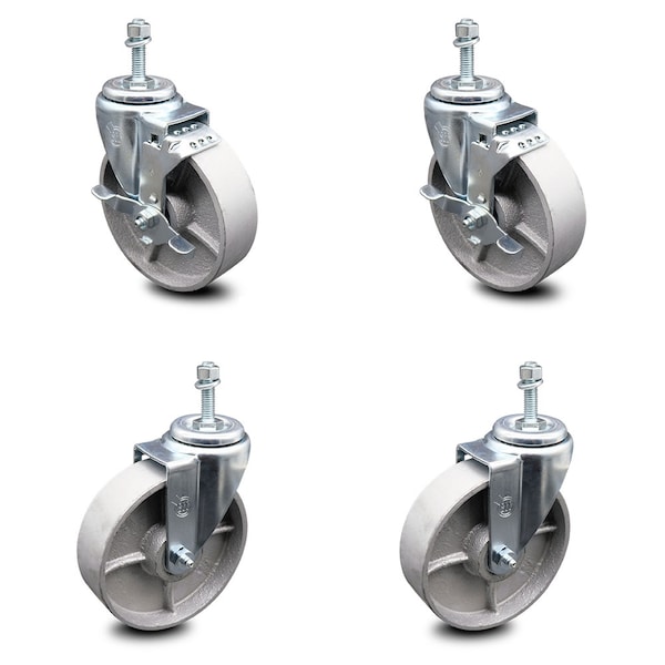 Service Caster Semi Steel Swivel TS Caster w/Roller Bearing-5" Wheels&3/8" Stems-2 w/BRK, 4PK SCC-TS20S515-SSR-381615-2-TLB-2 - main